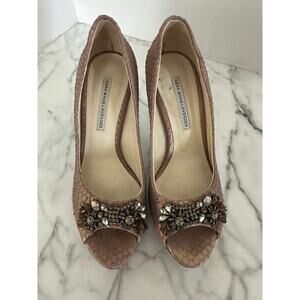 Vera Wang Lavender pumps snakeskin-textured leather crystal-embellished peep toe